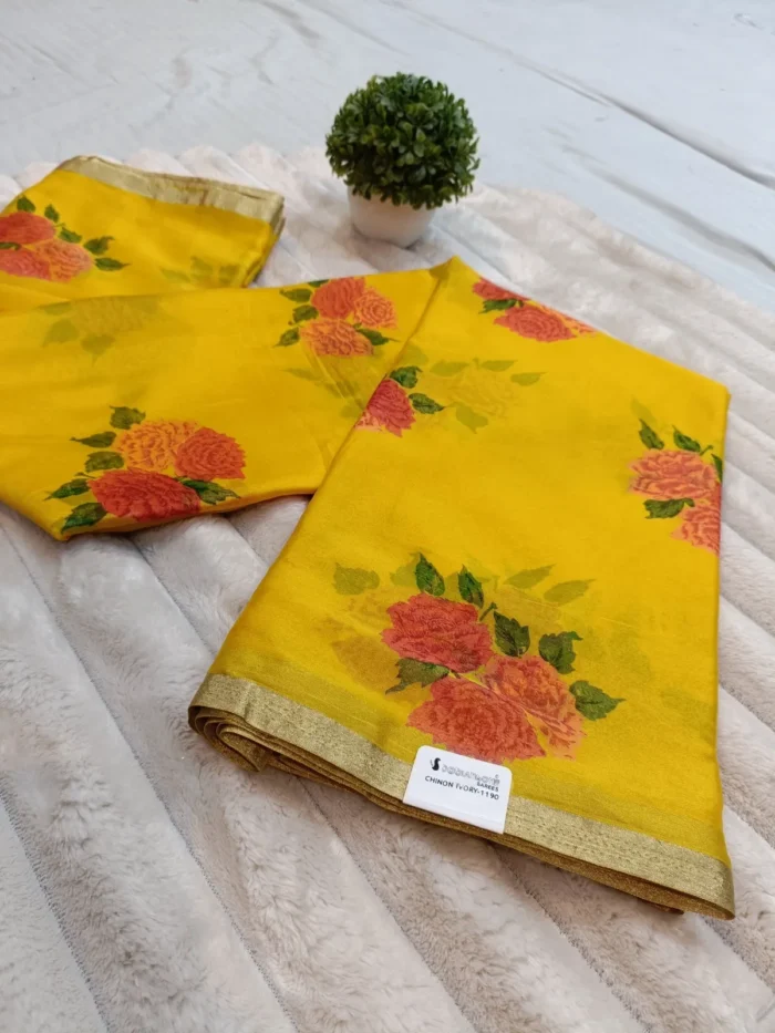 CHINON IVORY SAREE YELLOW - MADHU CREATION - Image 1