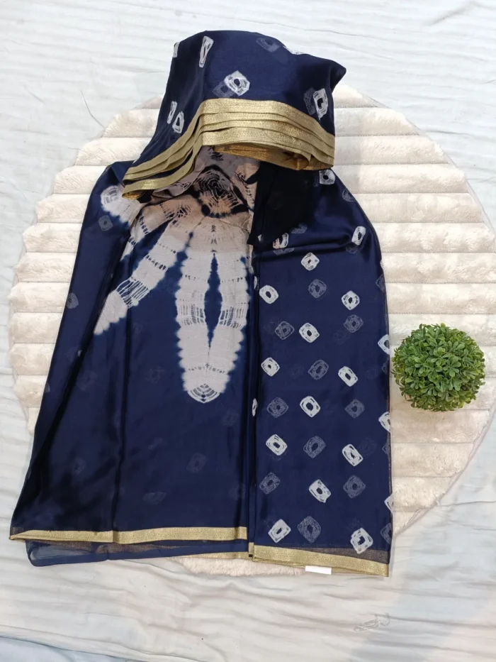 CHINON IVORY HAND BANDHANI SAREE BLUE - MADHU CREATION - Image 2