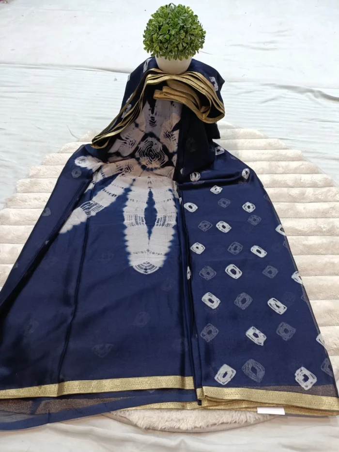 CHINON IVORY HAND BANDHANI SAREE BLUE - MADHU CREATION - Image 1