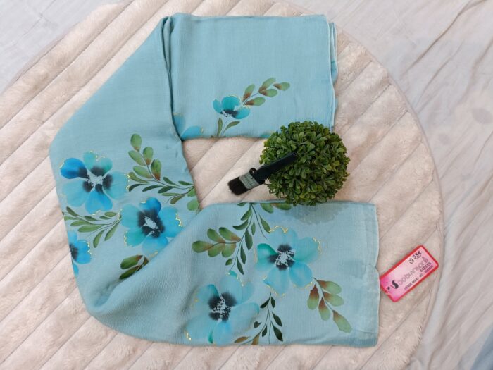 Chinon Brush Saree Blue - Madhu Creation - Image 1