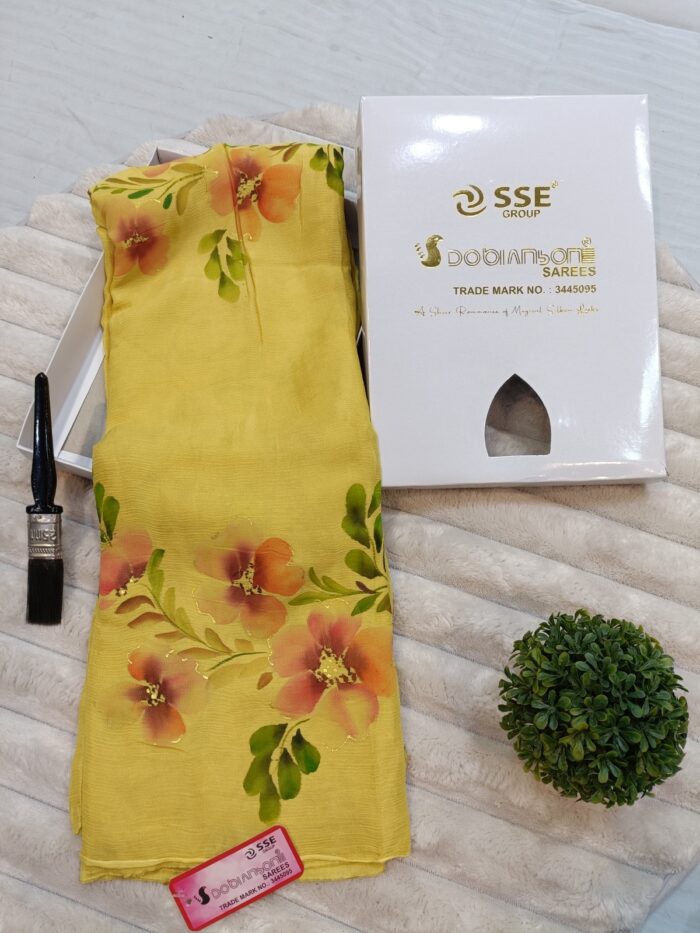Chinon Brush Saree Yellow - Madhu Creation - Image 1