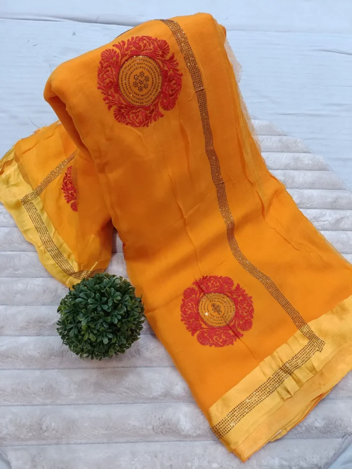 SAR-CHAKRI PURE CHIFFON RESHAM EMBROIDERY SAREE YELLOW - Image 2