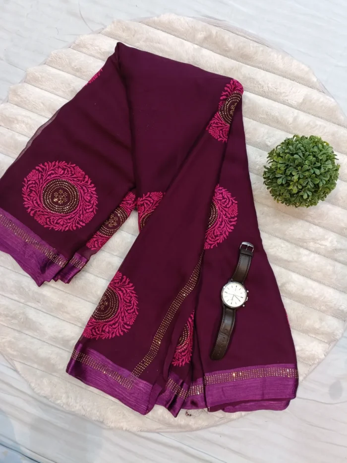 SAR-CHAKRI PURE CHIFFON RESHAM EMBROIDERY SAREE BURGUNDY - Image 1