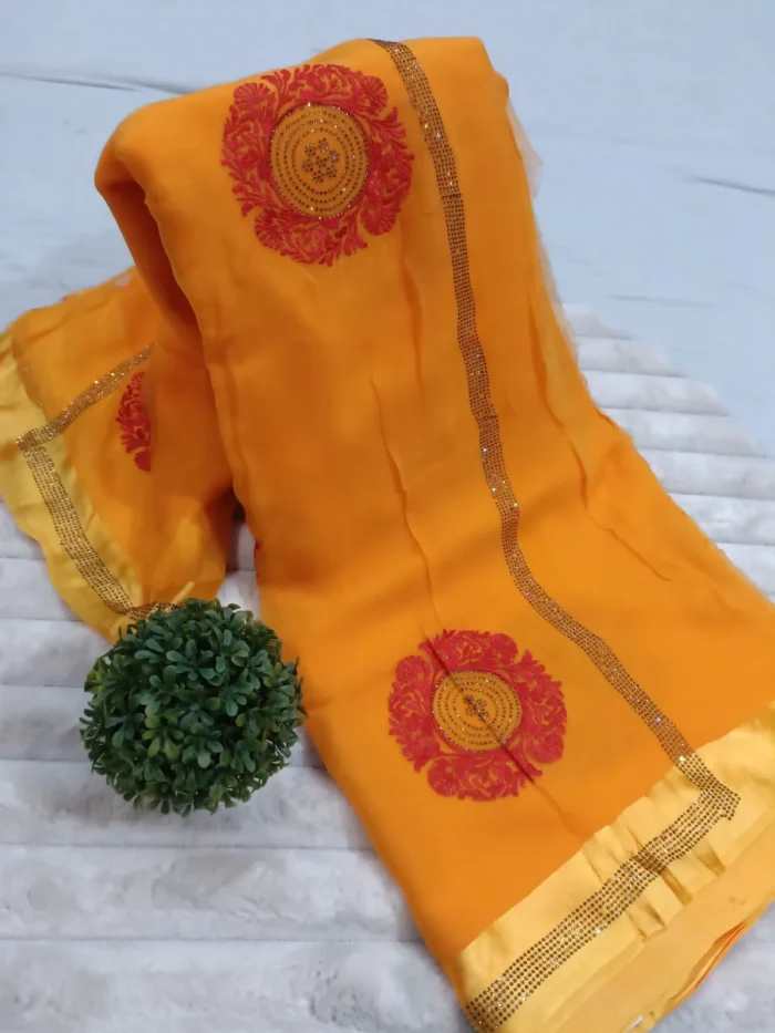 SAR-CHAKRI PURE CHIFFON RESHAM EMBROIDERY SAREE YELLOW - Image 1