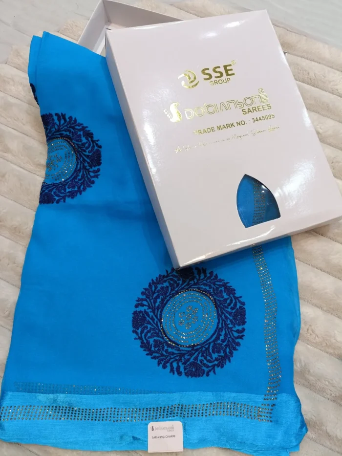 SAR-CHAKRI PURE CHIFFON RESHAM EMBROIDERY SAREE BLUE - Image 1