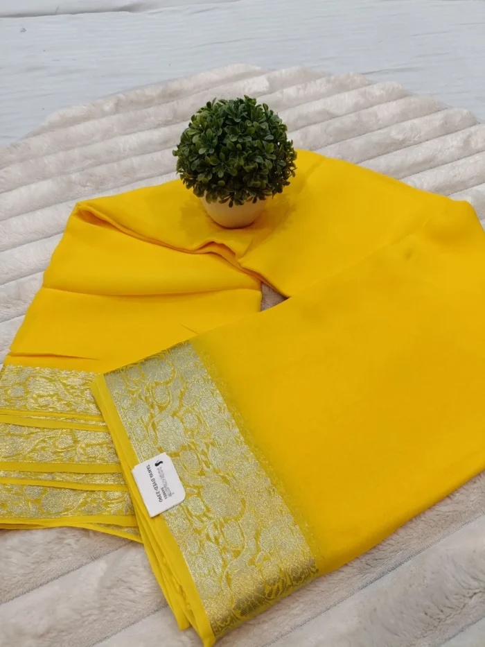 TANYA-DYED PURE CHIFFON PLAIN DYED SAREE with BANARASI-Style ZARI BORDER-Yellow - Image 1