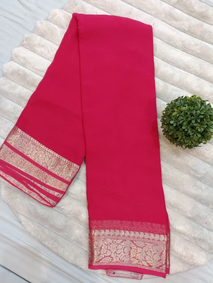 DOB-DYED Pure Chiffon Plain Dyed Saree with Solid Zari Weaved Border - Pink - Image 1