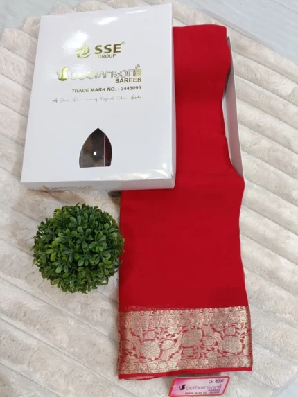 TANYA-DYED PURE CHIFFON PLAIN DYED SAREE with BANARASI-Style ZARI BORDER - Red