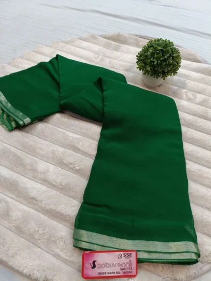 DOB-DYED Pure Chiffon Plain Dyed Saree with Solid Zari Weaved Border - GREEN