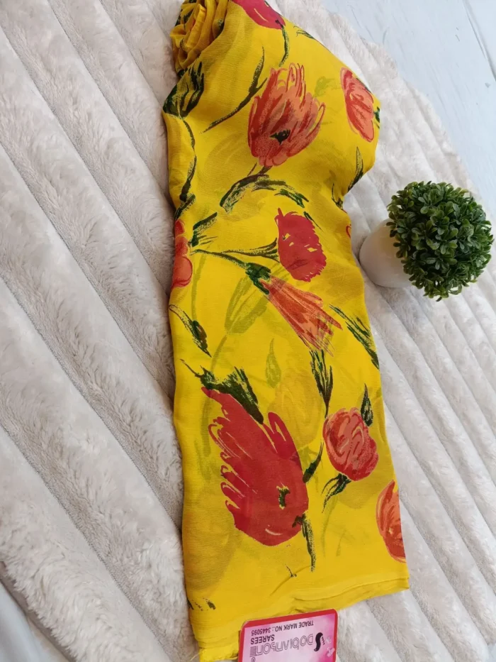 AURA CFN PRINT PURE CHIFFON FLORAL PRINTED SAREE YELLOW - Image 3