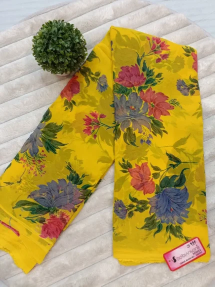AURA CFN PRINT PURE CHIFFON FLORAL PRINTED SAREE YELLOW