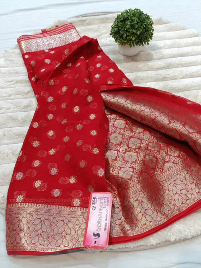CHANCHAL DYED Pure Chiffon Banarasi-Style Weaved Saree with Rich Palla Design Red - Image 2