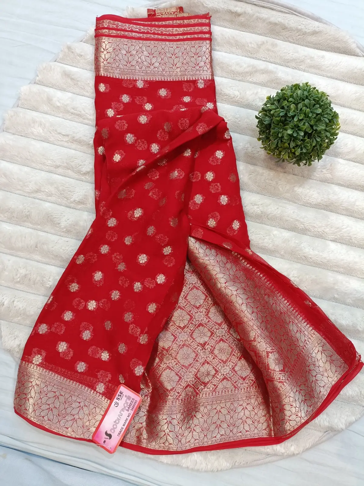 WhatsApp Image 2025-09-27 at 2.56.39 PM CHANCHAL DYED Pure Chiffon Banarasi-Style Weaved Saree with Rich Palla Design Red - Image 1