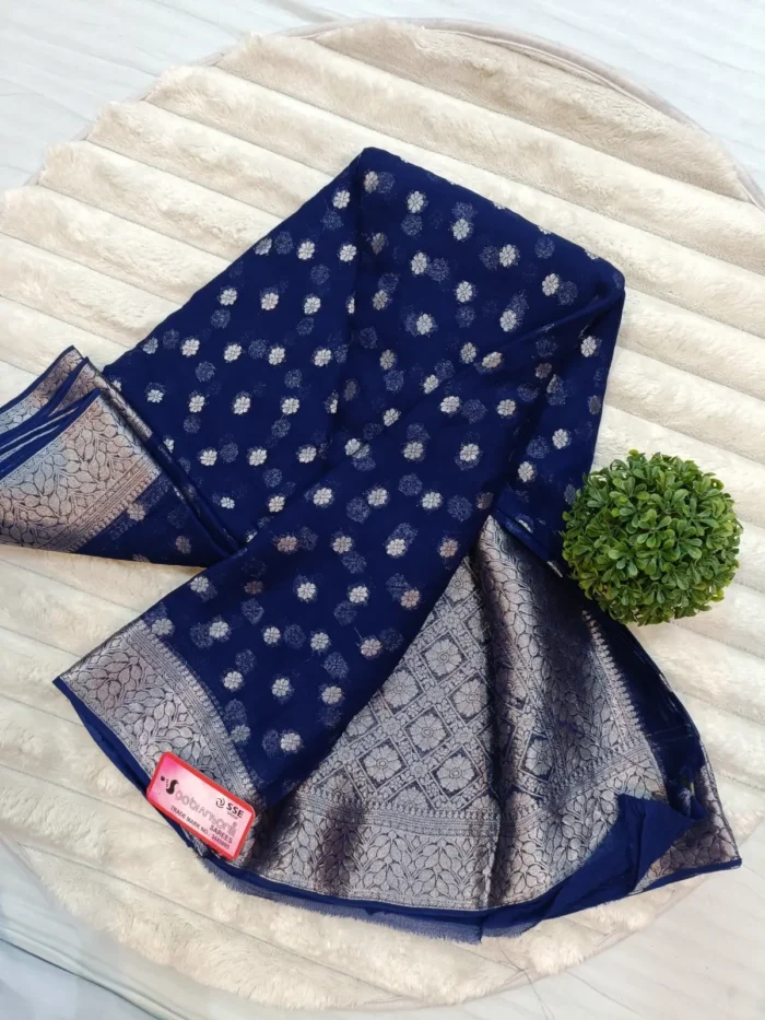 CHANCHAL DYED Pure Chiffon Banarasi-Style Weaved Saree with Rich Palla Design Blue - Image 1