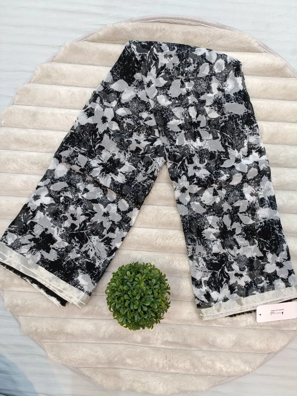 WhatsApp Silver Chiffon Pure Chiffon Black & White Digital Printed Saree - Image 1