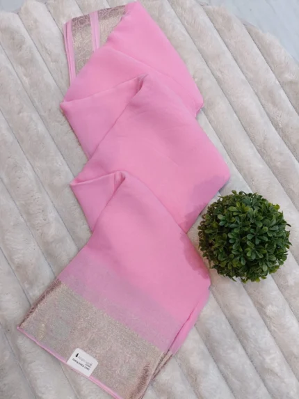 TANYA-DYED PURE CHIFFON PLAIN DYED SAREE with BANARASI-Style ZARI BORDER - Light Pink